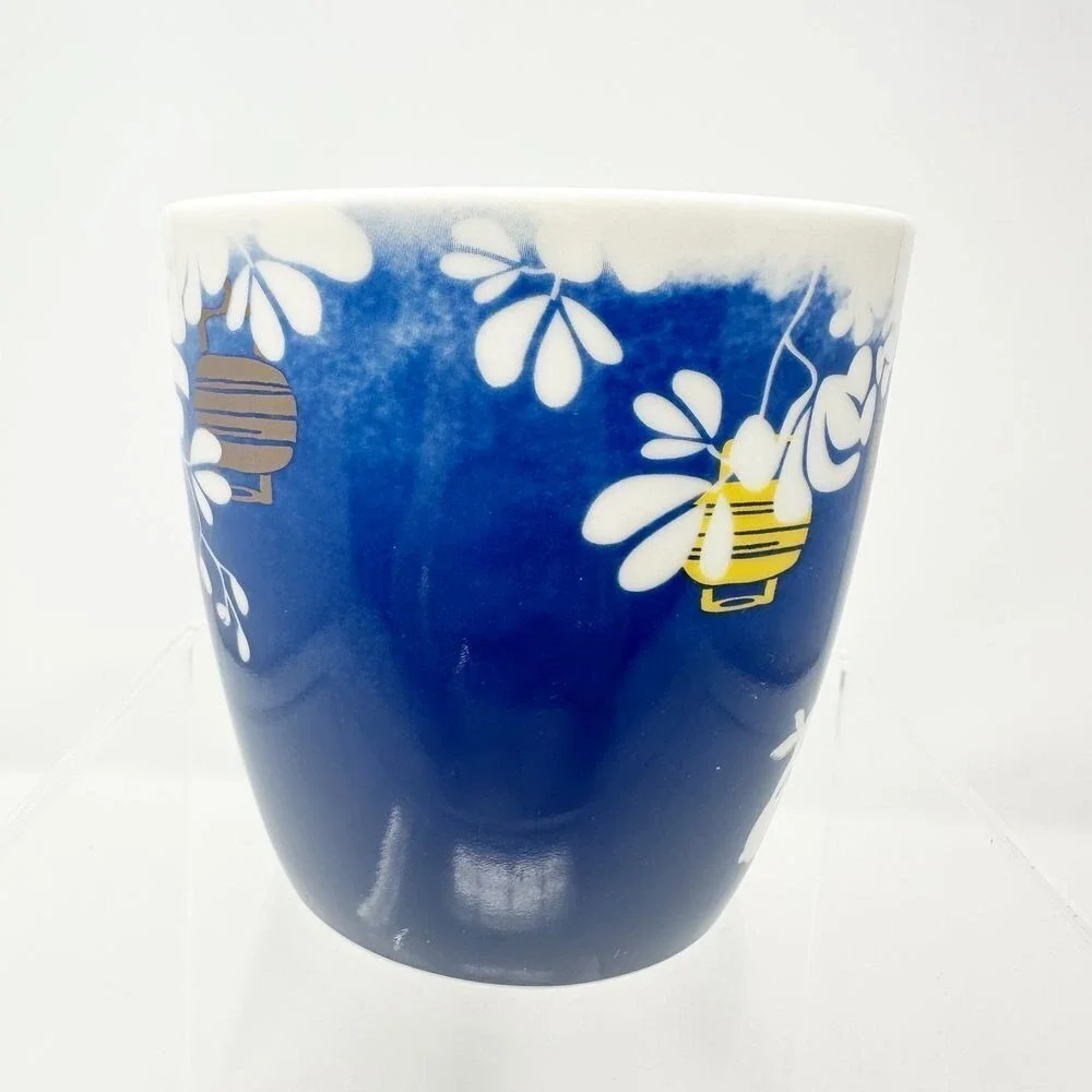 VERY RARE Starbucks Japanese Mug with Lanterns and Floral Motif Blue Yellow Gold